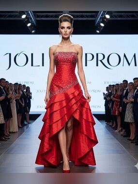 Gorgeous JOLI PROM red crystal beaded high low strapless formal dress sz 2